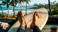 Surfer's feet resting on surfboard with tropical beach, palm trees and ocean waves in background. Vacation and summer sports lifestyle.