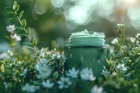 Luxurious green cosmetic cream jar surrounded by fresh spring flowers and leaves, perfect for natural skincare advertising and beauty product promotion.