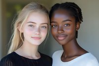 Two young diverse women friends smiling at camera, blonde Caucasian and African American with braids, friendship diversity concept for social campaigns.