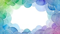 Colorful watercolor cloud frame with spiral patterns in blue, green and purple tones on white background for creative design projects.