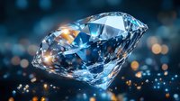 Brilliant cut diamond with light reflections on dark blue background with golden bokeh sparkles. Luxury jewelry concept with dramatic lighting.