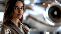 Young Hispanic businesswoman in elegant blazer standing near private jet engine, confident professional expression, aviation luxury lifestyle concept.