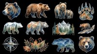 Watercolor grizzly bear sticker set isolated on transparent background, featuring geometric bears, paw print, compass, and forest scenes, ready for t-shirts, clipart, and print on demand.