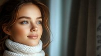 Young woman with fair skin, light blue eyes, and long wavy brown hair wearing a cozy knit turtleneck sweater indoors by window with soft natural lighting.
