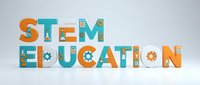 STEM education concept with colorful letters featuring science technology engineering math symbols and icons for learning materials.