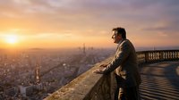 Young businessman in suit contemplating city skyline at sunset from rooftop terrace. Corporate success and urban lifestyle concept for business presentations.