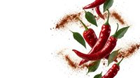 Fresh red chili peppers with green leaves and spice powder scattered on white background, isolated for food and culinary design use.