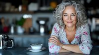Confident mature woman with silver curly hair smiling at cafe, wearing floral print blouse. Natural aging beauty enjoying coffee break in modern restaurant setting.