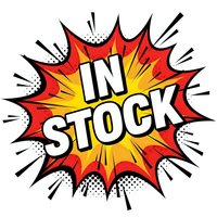 Comic book style explosion burst with IN STOCK text in bold white letters on red and yellow starburst background with halftone dots and radiating lines.