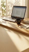 Cozy home office workspace with laptop, coffee cup and natural sunlight streaming through window creating warm productive atmosphere for remote work.