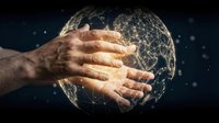 Hands holding glowing digital globe with network connections, representing global communication, technology innovation, and worldwide business connectivity for corporate and tech concepts.