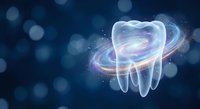 Glowing tooth with swirling energy rings and sparkles on dark blue bokeh background for dental care and oral health concepts.