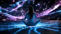 Woman meditating in cosmic space with glowing energy streams and digital particles. Spiritual wellness concept for relaxation and mindfulness practices.