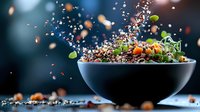 Fresh quinoa bowl with flying ingredients, colorful vegetables and microgreens in dramatic lighting against dark background, dynamic food photography composition.