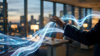 Businessman hands creating glowing blue energy streams in modern office with city skyline at dusk for technology and innovation concepts.