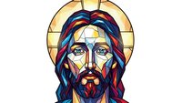 Stained glass style portrait of bearded man with halo in vibrant colors for religious art and spiritual designs.