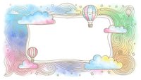 Colorful hand-drawn frame with hot air balloons, clouds and swirling patterns on white background. Copy space for text, invitations or greeting cards.