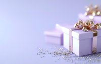 White gift box with golden bow and scattered silver beads on soft purple background. Elegant holiday composition with copy space for festive designs.