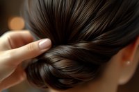 Close-up view of elegant dark brown hair being styled into a classic low bun, showing professional hairdressing technique and smooth, glossy texture.