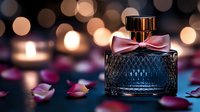 Luxury fragrance bottle with rose gold cap and pink bow surrounded by scattered petals against blurred bokeh lights, suitable for cosmetics and perfume marketing.