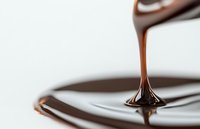 Liquid dark chocolate dripping in thin stream creating glossy swirl on white surface, macro shot with selective focus for confectionery and dessert designs.