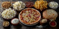 Fast food set with pizza, french fries, popcorn, burger and various snacks on dark wooden table, perfect for restaurant menu, delivery service or food blog content.