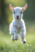 Playful white baby goat kid jumping in spring meadow with soft bokeh background, showing joyful expression and fluffy fur in natural sunlight.