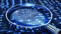 Digital fingerprint scan through magnifying glass on binary code background, representing cybersecurity and biometric identification technology.