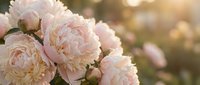 Soft pink peonies blooming in golden sunlight create romantic garden atmosphere for wedding invitations, greeting cards, and floral design projects.