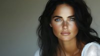 Young woman with freckles and dark hair wearing white top against neutral background, natural makeup look and glowing skin for beauty and fashion advertising.