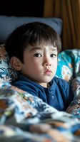 Young Asian boy in blue sweater resting on floral patterned bedding with thoughtful expression, soft natural lighting creates gentle mood for childhood and innocence themes.