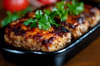 Juicy grilled meat patties with caramelized glaze and fresh herbs garnish served on black plate, close up view with selective focus on meat texture.