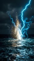 Dramatic lightning bolt strikes ocean water creating explosive spray and golden sparks against stormy dark sky, conveying power and natural force for weather, energy, and dramatic design projects.