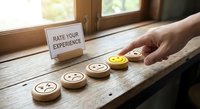 Customer feedback concept with hand selecting happy face emoji from wooden rating tokens on rustic table near window for service evaluation surveys.
