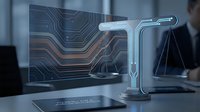 Digital justice scales with circuit board patterns representing legal technology and AI in law enforcement for modern courtroom applications.