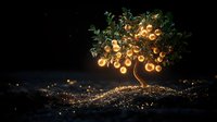 Glowing magical tree with luminous spheres and sparkling roots against dark background creates mystical fairy tale atmosphere for fantasy designs.