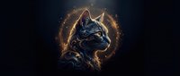 Mystical cat portrait with golden magical aura and sparkling light effects on dark background for fantasy art projects and spiritual designs.