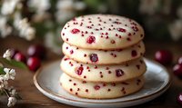 Stacked shortbread cookies with red berries on white plate, surrounded by fresh flowers and festive ornaments for holiday baking and dessert styling.