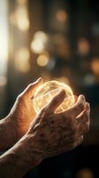 Elderly hands cupping glowing orb of light with warm bokeh background representing hope, spirituality, healing energy, and divine protection concept.