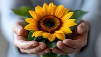 Gentle cupped hands holding bright yellow sunflower with green leaves against soft blurred background, representing care, nature and environmental protection.