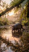 Armadillo drinking from forest stream at golden hour with lush ferns and tropical vegetation creating peaceful wildlife scene with warm sunlight filtering through trees.
