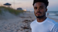 Young African American man in white t-shirt looking thoughtful at sunset on beach, soft evening light creates atmospheric mood for lifestyle and wellness concepts.