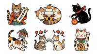 Cartoon cats in various playful poses and costumes, isolated on white background. Includes lucky cat, fortune teller, sports player, and traditional Asian-inspired feline characters suitable for design projects.