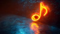 Glowing neon musical note floating over reflective surface with orange and blue lighting effects creates dramatic atmosphere for music and entertainment concepts.