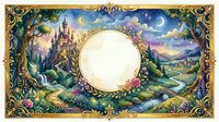 Fantasy landscape with ornate golden frame featuring castle, mountains, waterfall and floral wreath around central white circle for text or design elements.