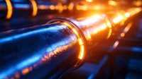 Industrial metal pipeline with glowing orange light rings and blue surface reflecting warm illumination in modern facility infrastructure.