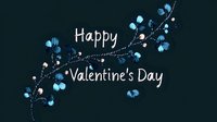 Happy Valentine's Day text with delicate blue heart petals and sparkles on dark background, romantic holiday greeting design for cards and social media posts.