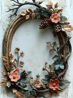 Rustic oval wreath with pine cones, coral flowers, and teal leaves on textured background creates elegant autumn or winter home decor arrangement.
