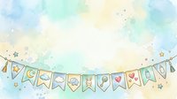 Watercolor welcome banner with pastel blue, green, and yellow washes, decorative bunting flags, stars, and hearts for baby shower, nursery, or celebration design projects.