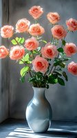 Delicate coral pink roses in full bloom arranged in white ceramic vase, dramatic side lighting creates soft shadows and highlights on petals, against gray wall background.